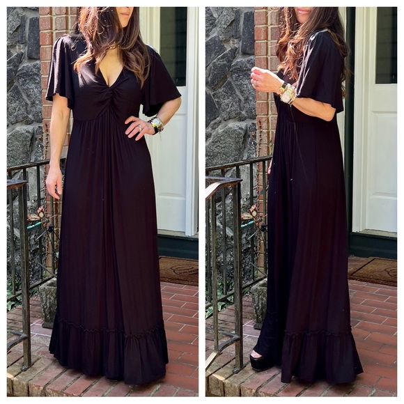 33 BOHO V-NECK KNOTTED SHORT SLEEVE MAXI DRESS - Picture 1 of 7